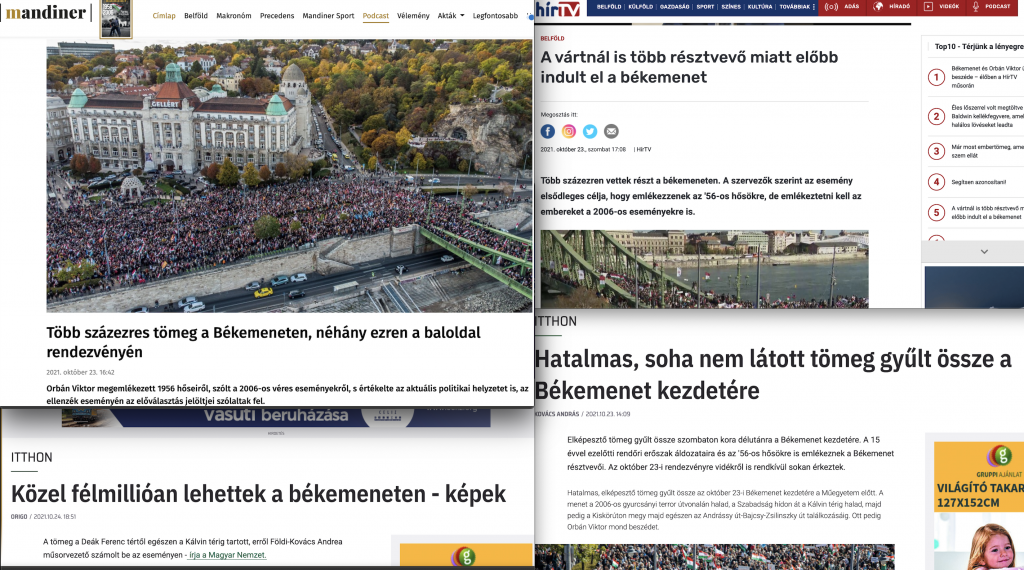 Vezető képünkön a 2021 október 23-i budapesti Békemenet visszhangját olvashatják az orbánista kormányzati propaganda felületein, montázs.